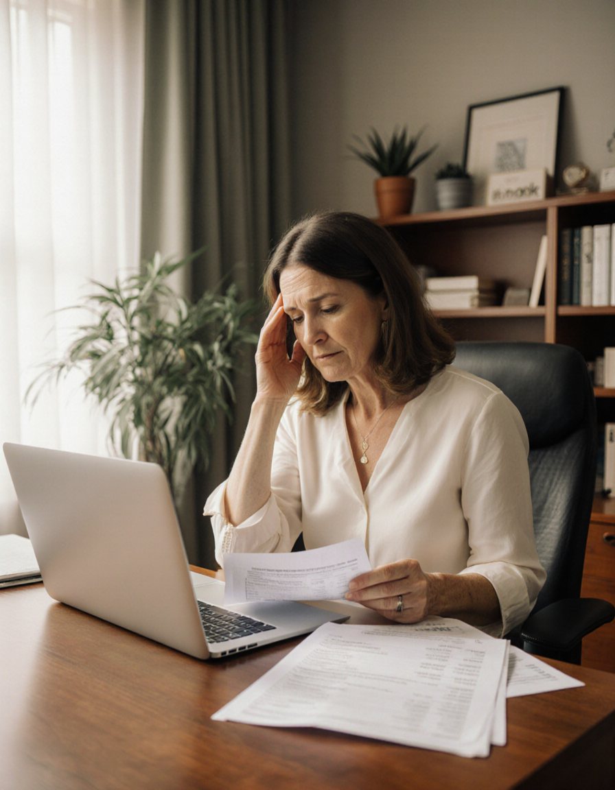 A behavioral health practice owner at her desk, reviewing insurance paperwork and financial statements.