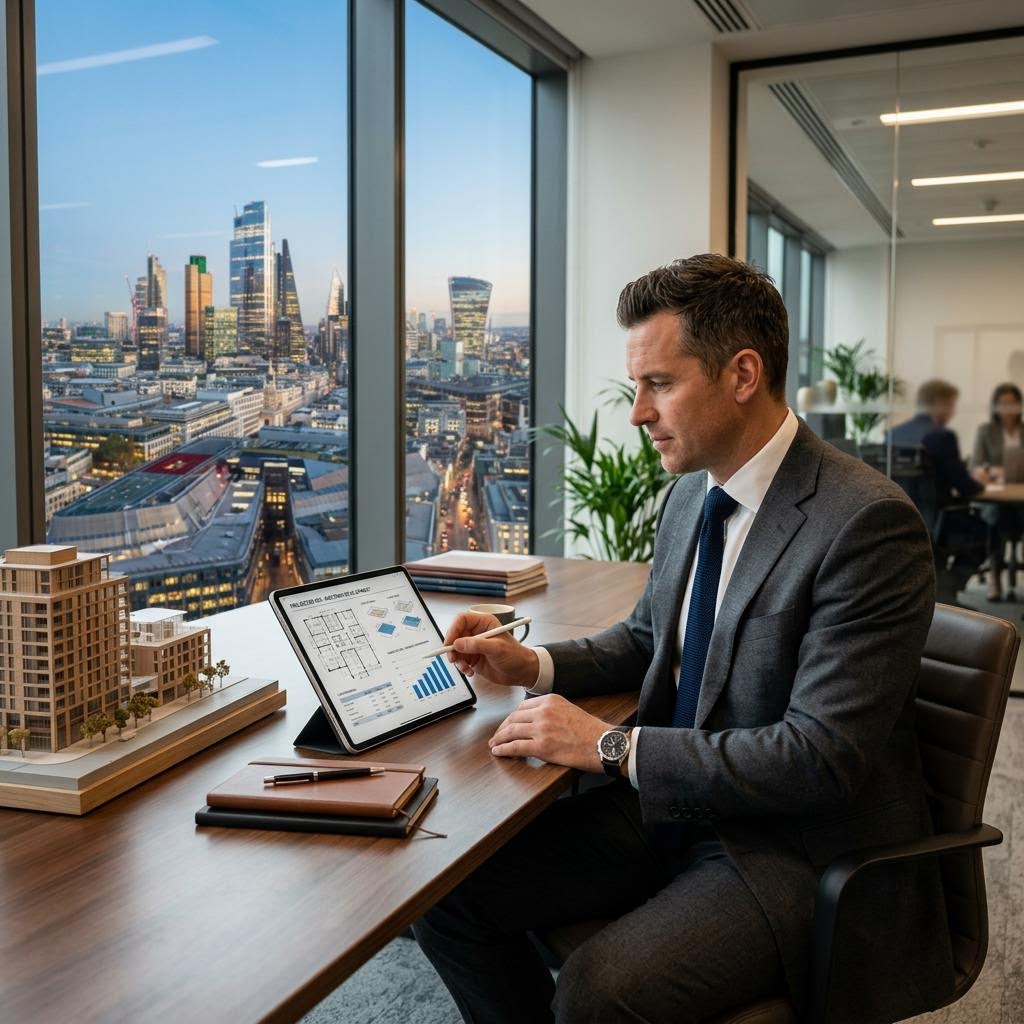 A man at a desk with a tablet, a city skyline behind him