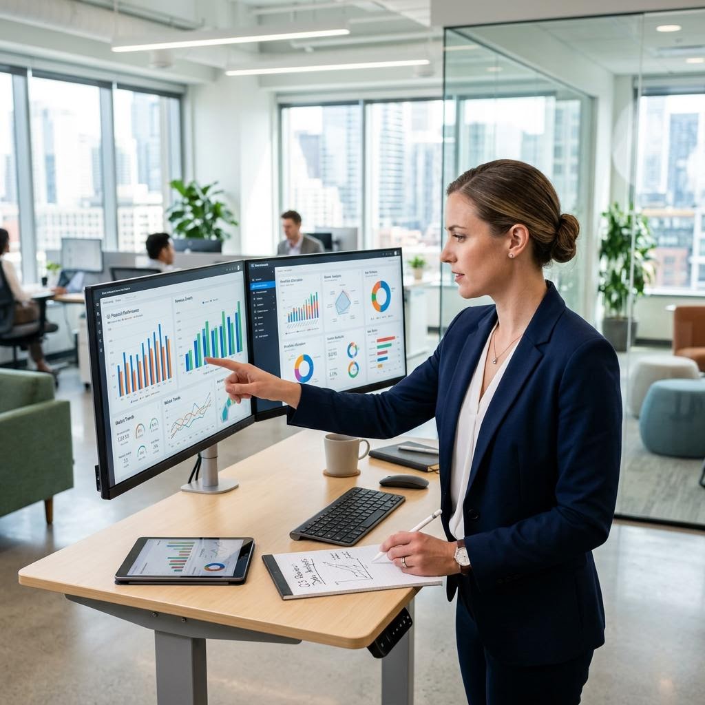 An analyst pointing at charts on two monitors at her desk