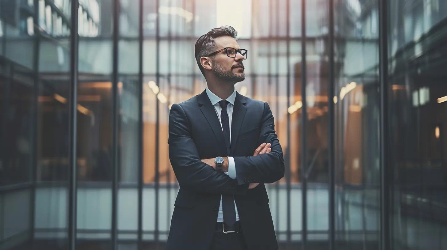 A businessman in a suit and glasses stands with his arms folded in a glass-walled office at dusk.