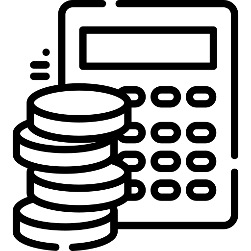 Line icon of stacked coins beside a calculator.