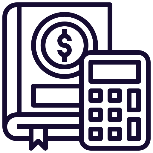 Line icon of a ledger book with a dollar sign and a calculator.