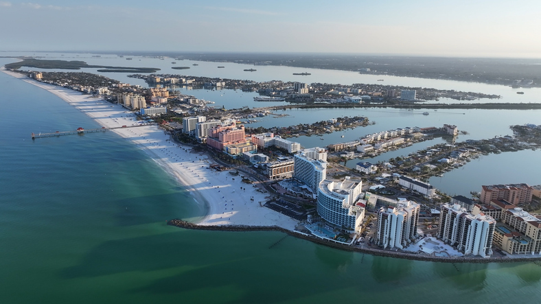 Aerial view of Clearwater Beach and the Florida coastline.