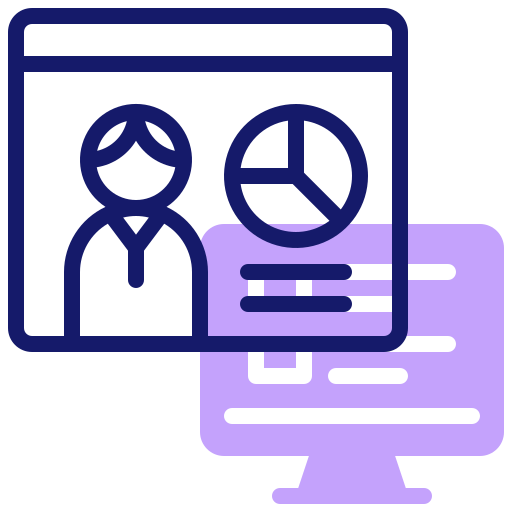Illustration of an online course screen with a presenter and a chart.