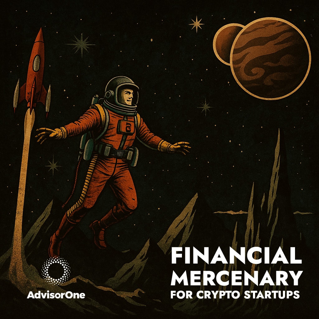 Financial Mercenary for Crypto Startups advertisement with an astronaut illustration.