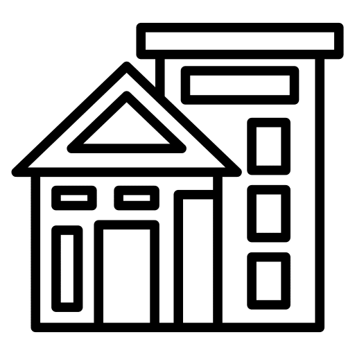 Line icon of a house beside an apartment building.