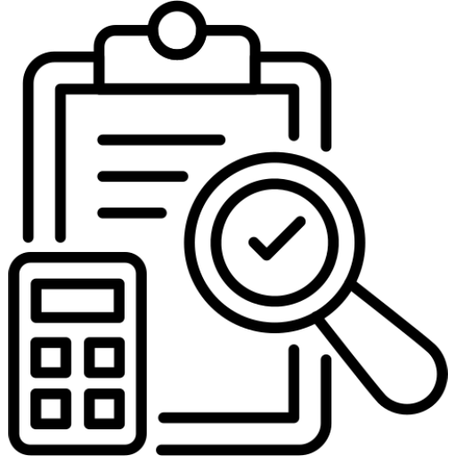 Line icon of a clipboard and calculator with a magnifying glass and tick.