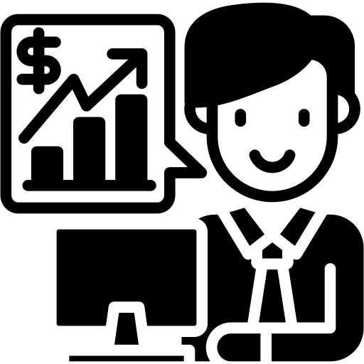 Line icon of a finance officer beside a rising chart on a screen.
