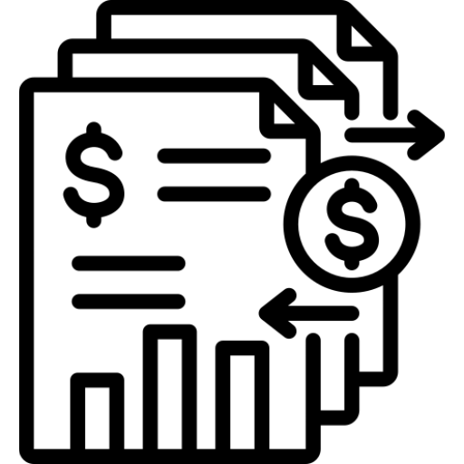 Line icon of financial statements with a dollar sign and cycle arrows.