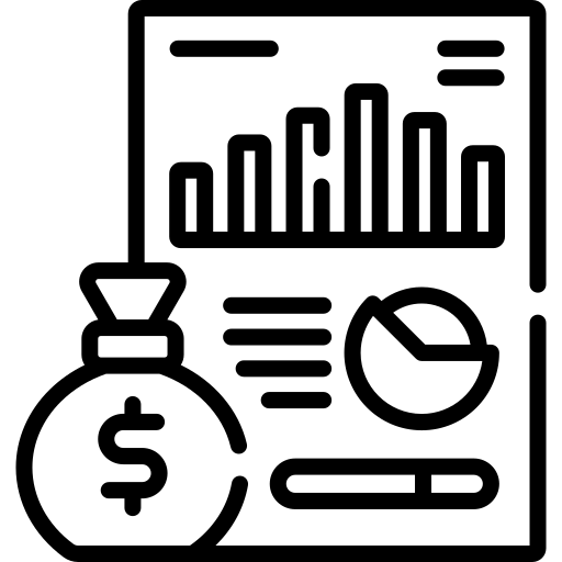 Line icon of a report page with a bar chart, pie chart and money bag.