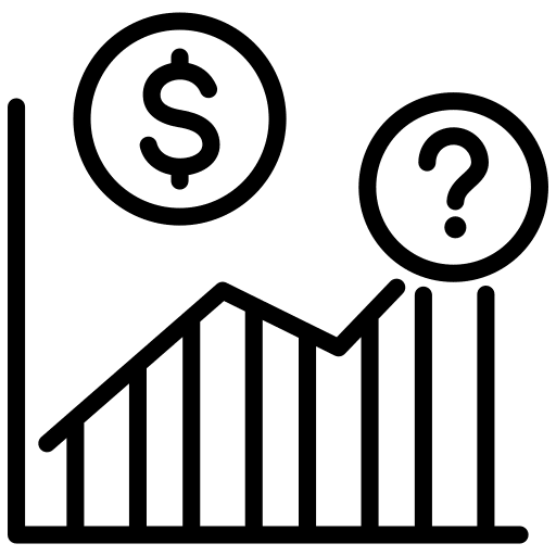 Line icon of a bar chart with dollar and question mark symbols.