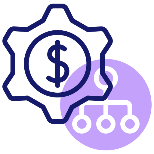 Illustration of a dollar coin in a cog beside a purple circle.