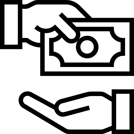 Line icon of a hand passing a banknote to another hand.