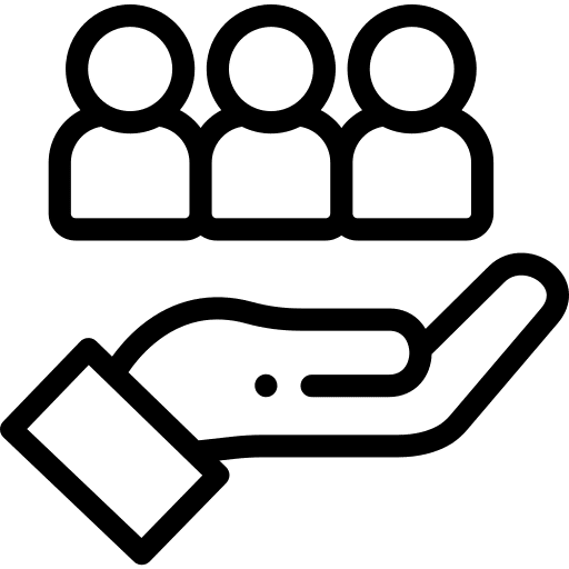 Line icon of a hand supporting a group of people.
