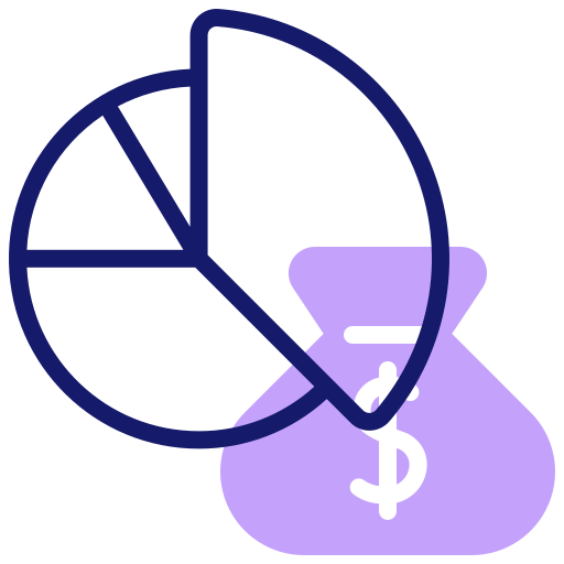Illustration of a pie chart beside a money bag.