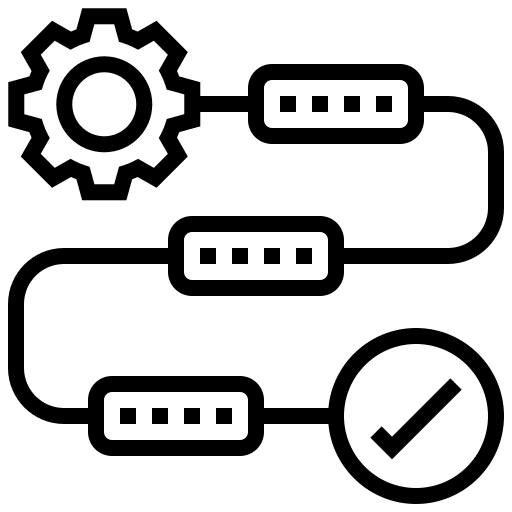 Line icon of a flow diagram ending in a tick.