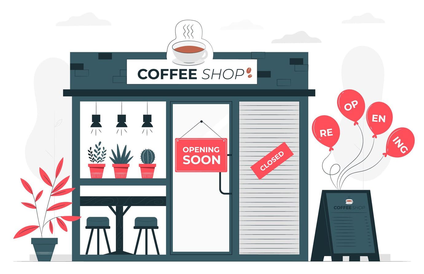 Flat illustration of a coffee shop with an opening soon sign and sale balloons.