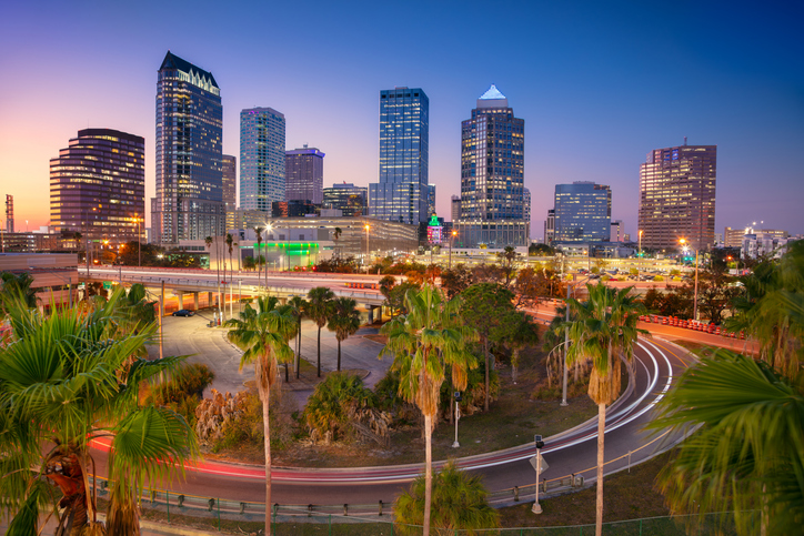 The Tampa, Florida skyline at dusk with palm trees in the foreground.