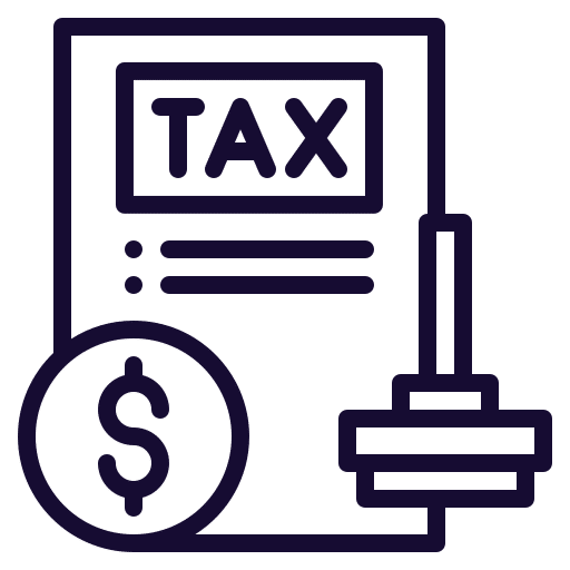 Line icon of a tax document with a dollar coin and a stamp.